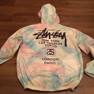RARE Stussy 90s Vintage Logo Full Zip Windbreaker Cotton Candy Tie Dye Hooded
